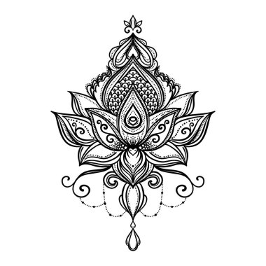 Süs çiçek, etnik sanat, desenli Hint desenli vektör. Elle çizilmiş şekil. Davet öğesi. Dövme, Astroloji, simya, boho ve büyü sembolü. Çocuklar ve yetişkinler için boyama kitabı.