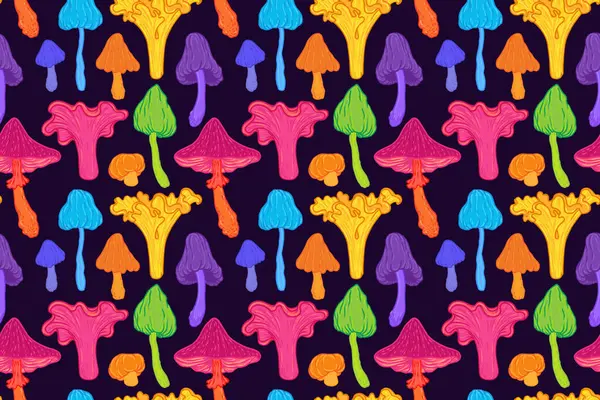 Patrón Hongos Mágicos Sin Costura Alucinación Psicodélica Arte Hippie Colorido — Vector de stock