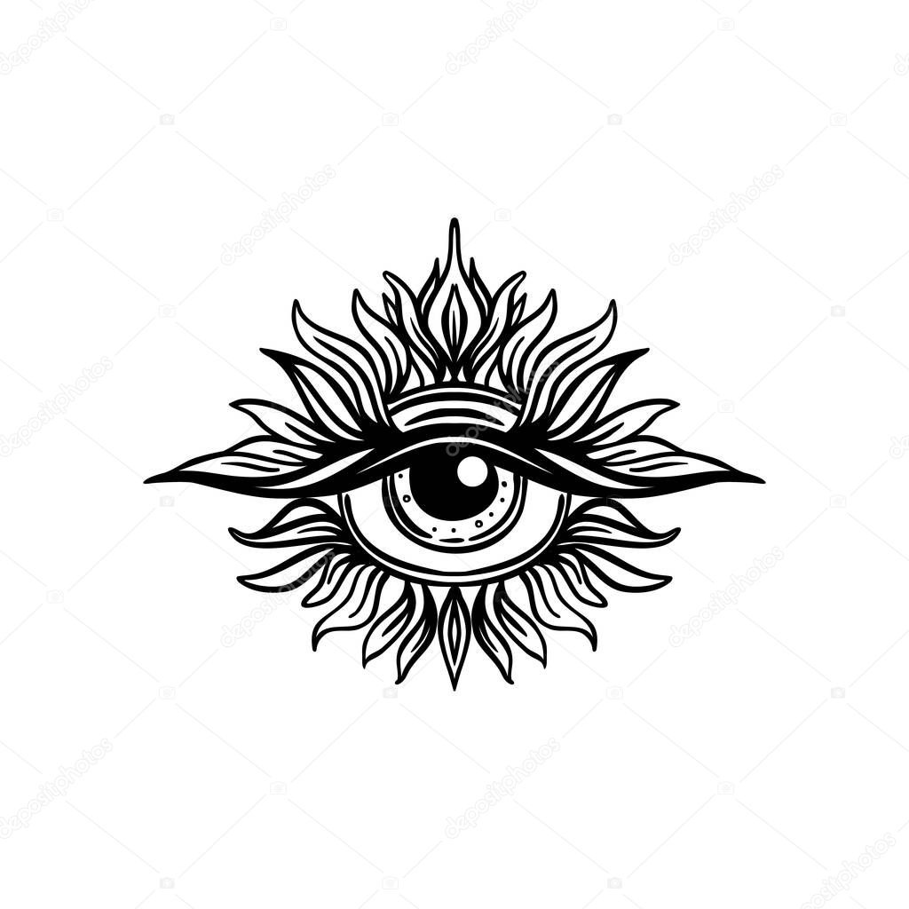 Blackwork tattoo flash. Eye of Providence. Masonic symbol. All seeing eye inside triangle pyramid. New World Order. Sacred geometry, religion, spirituality, occultism. Isolated vector illustration