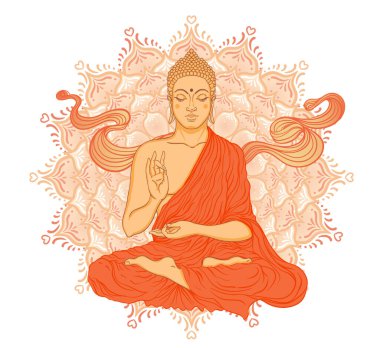 Oturan Buda, mandala yuvarlak desenini süslüyor. Esrarengiz klasik vektör çizimi. Hint, Budizm, ruhani sanat. Hippi dövmesi, ruhanilik, Tayland tanrısı, yetişkinler için yoga zen boyama kitabı sayfaları.
