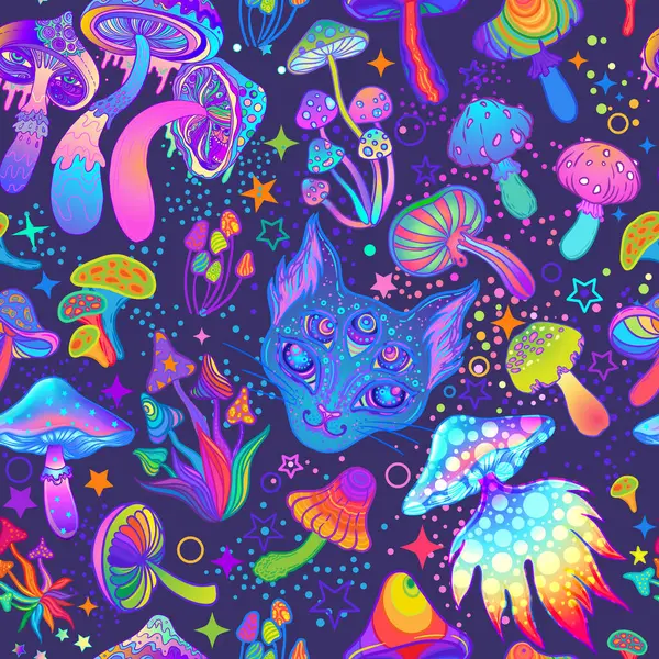 Cogumelos Mágicos Padrão Cósmico Sem Costura Gato Alucinação Psicadélica Arte Ilustração De Stock
