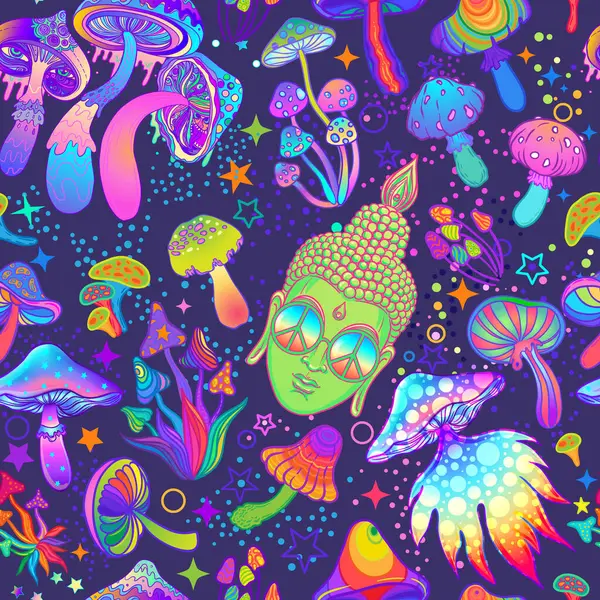 Psychedelisches Nahtloses Muster Trippige Pilze Und Saurer Buddha Hintergrund Mit lizenzfreie Stockillustrationen