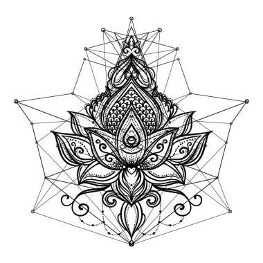 Süs çiçek, etnik sanat, desenli Hint desenli vektör. Elle çizilmiş şekil. Davet öğesi. Dövme, Astroloji, simya, boho ve büyü sembolü. Çocuklar ve yetişkinler için boyama kitabı.