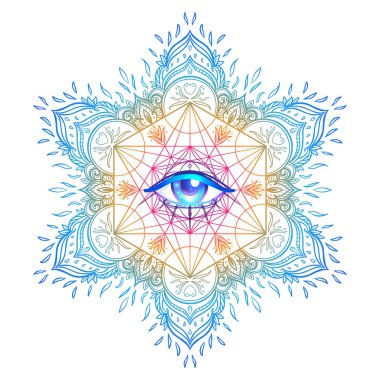 Mandala 'daki göz ve kutsal geometri sembolleri kusursuz. Klasik dekoratif elementler. El çizimi arka plan. İslam, Arapça, Hintçe, sedir motifleri. Geometrik daire elemanı vektörde. Kaleydoskop