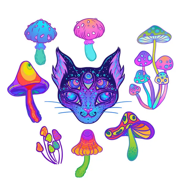 Magic Mushrooms Cosmic Cat Collection Psychedelic Hallucination Inspired Vector Set Stock Vector