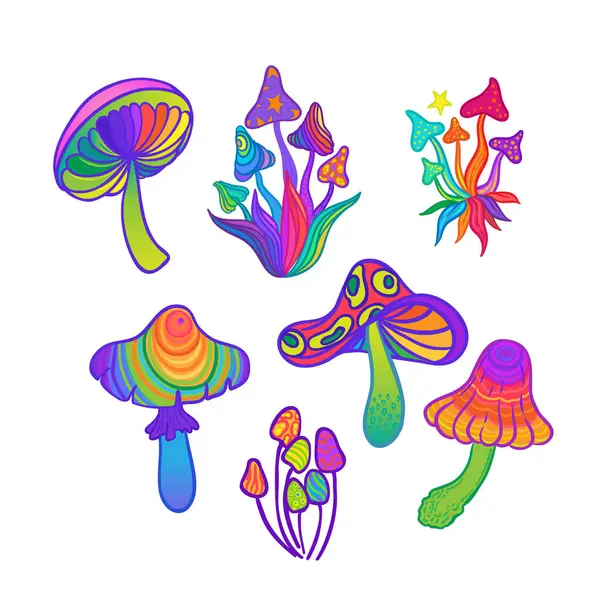 Magic Mushrooms Collection Psychedelic Hallucination Inspired Vector Set Vibrant Vector Royalty Free Stock Illustrations