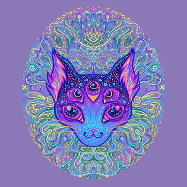 Şirin tilki ya da kedi suratlı, hayali desenli. Hayvan severler için karakter dövmesi tasarımı, baskı için sanat eseri, tekstil. Ayrıntılı vektör çizimi. Totem hayvanı..