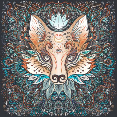 Şirin tilki ya da kedi suratlı, hayali desenli. Hayvan severler için karakter dövmesi tasarımı, baskı için sanat eseri, tekstil. Ayrıntılı vektör çizimi. Totem hayvanı..