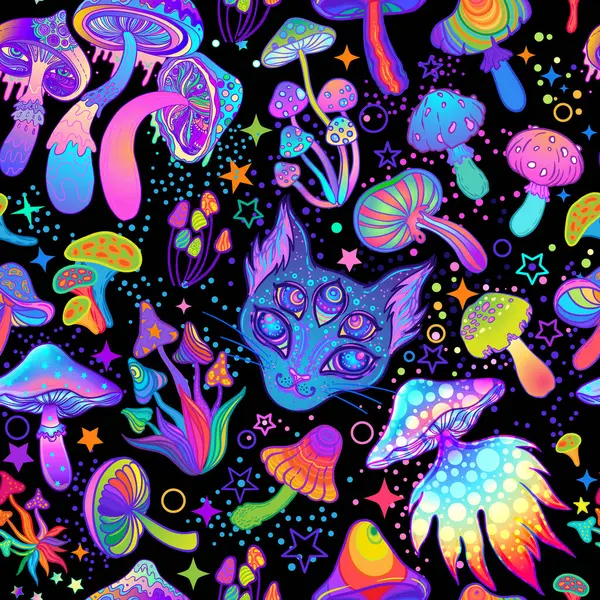Magische Pilze Und Kosmische Katze Nahtlose Muster Psychedelische Halluzination 60Er lizenzfreie Stockvektoren