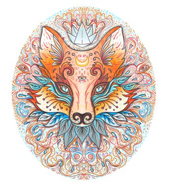 Şirin tilki ya da kedi suratlı, hayali desenli. Hayvan severler için karakter dövmesi tasarımı, baskı için sanat eseri, tekstil. Ayrıntılı vektör çizimi. Totem hayvanı..