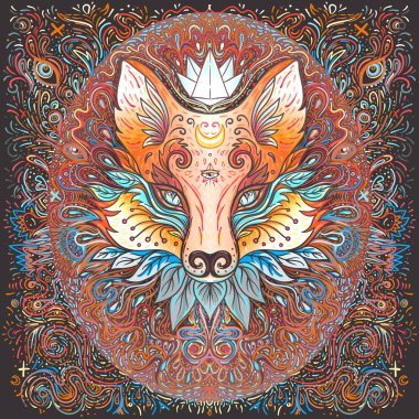 Şirin tilki ya da kedi suratlı, hayali desenli. Hayvan severler için karakter dövmesi tasarımı, baskı için sanat eseri, tekstil. Ayrıntılı vektör çizimi. Totem hayvanı..