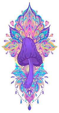 Sihirli mantar mandala. Psikedelik halüsinasyon. Canlı trippy vektör çizimi. 60 'ların renkli hippi sanatı. Etnik Hint tarzında elle çizilmiş tasarım. Mistik soyut yoga minder tasarımı.