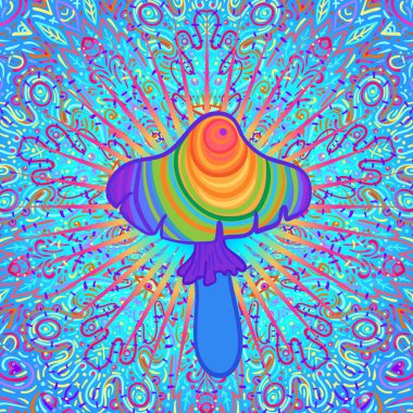 Sihirli mantarlar mandala pürüzsüz desen. Psikedelik halüsinasyon. Canlı trippy vektör çizimi. 60 'ların renkli hippi sanatı. Etnik Hint tarzında elle çizilmiş tasarım. yoga mat tasarımı.