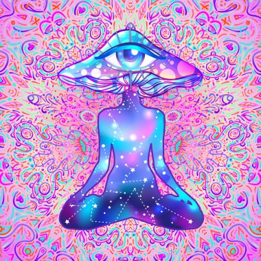 Sihirli mantarlar. Psikedelik halüsinasyon. Canlı vektör çizimi. 60 'ların hippi renkli sanatı, pembe pastel gotik renkler ve mandala yuvarlak deseni. Etiket, yama, poster grafik tasarımı.