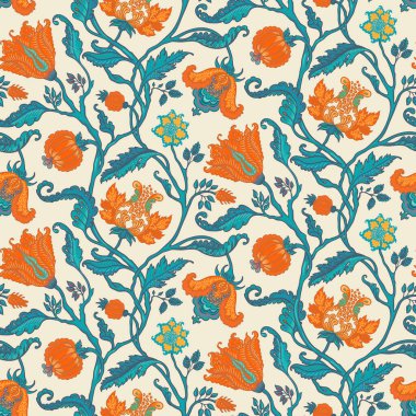 Eski duvar kağıtları için, Jacobean tarzında, çiçekli, dikişsiz desen. Büyülü Vintage Çiçekleri. Chintz ilham verdi. Ambalaj kağıdı, duvar kağıdı, kumaş ve moda kıyafetleri için tasarım.