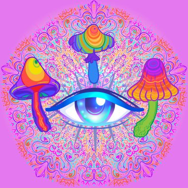 Sihirli mantarlar. Psikedelik halüsinasyon. Canlı vektör çizimi. 60 'ların hippi renkli sanatı, pembe pastel gotik renkler ve mandala yuvarlak deseni. Etiket, yama, poster grafik tasarımı.