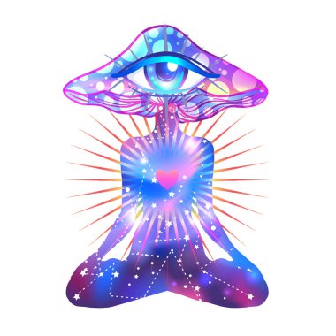 Sihirli mantarlar. Psikedelik halüsinasyon. Canlı vektör çizimi. 60 'ların hippi renkli sanatı, pembe pastel gotik renkler ve mandala yuvarlak deseni. Etiket, yama, poster grafik tasarımı.