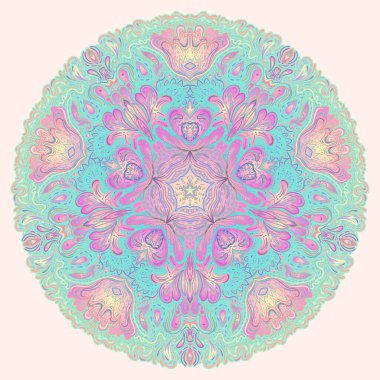 Decorative Indian round lace ornate mandala. Vintage vector pattern on transparent background. Hand drawn abstract colorful background. Invitation, wedding card, scrapbooking. Tattoo design.