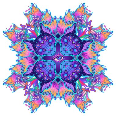 Şirin tilki ya da kedi suratlı mantarlı süsleme deseni. Hayvan severler için karakter dövmesi tasarımı, baskı için sanat eseri, tekstil. Ayrıntılı vektör çizimi. Totem hayvanı..