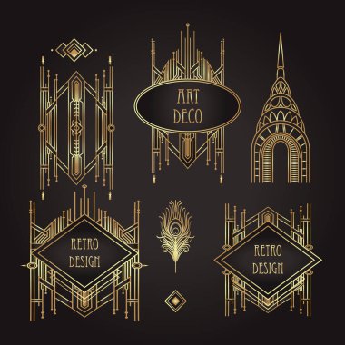 Art Deco vintage altın ve gümüş tasarım elementleri siyahtan önce gelir. 1920 'lerin tarzında Retro Party geometrik arka plan seti. Cazibe partisi için vektör illüstrasyonu, tematik düğün veya tekstil baskıları.