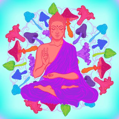 Asit Lord Buddha, mandala yuvarlak desenli mantar çizimi. Esrarengiz klasik vektör çizimi. Hint, Budizm, ruhani sanat. Hippi dövmesi, ruhanilik, çılgın parti posteri..