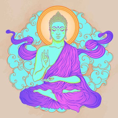 Asit Lord Buddha, mandala yuvarlak desenli mantar çizimi. Esrarengiz klasik vektör çizimi. Hint, Budizm, ruhani sanat. Hippi dövmesi, ruhanilik, çılgın parti posteri..