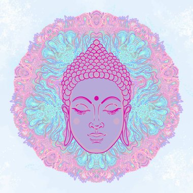 Asit Lord Buddha, mandala yuvarlak desenli mantar çizimi. Esrarengiz klasik vektör çizimi. Hint, Budizm, ruhani sanat. Hippi dövmesi, ruhanilik, çılgın parti posteri..
