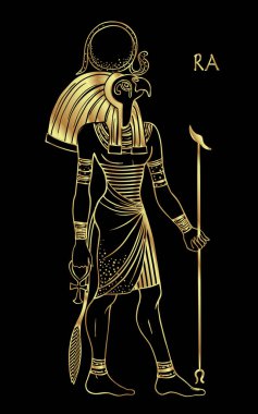 Ra 'nın portresi, Mısır' ın güneş tanrısı. Antik Mısır 'daki en önemli tanrı. Amun-Ra ve Ra-Horakhty olarak da bilinir. Elle çizilmiş klasik vektör taslağı altın yerine siyah renkte. Sembol: