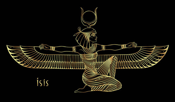 Изида, богиня жизни и магии в египетской мифологии. Одна из величайших богинь Древнего Египта, защищает женщин, детей, лечит больных. Векторная изолированная иллюстрация из золота поверх черного. Winged