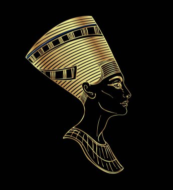 Mısır Kraliçesi Nefertiti. Taç içinde antik bir portre. Güzel bir kadın profili yakın plan yüzü. El çizimi klasik taslak çizimi, siyahtan çok altınla çizilmiş. Mısır Kutsal Duvar Sanat Logosu Tasarımı
