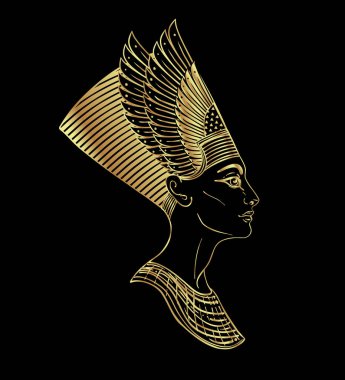 Mısır Kraliçesi Nefertiti. Taç içinde antik bir portre. Güzel bir kadın profili yakın plan yüzü. El çizimi klasik taslak çizimi, siyahtan çok altınla çizilmiş. Mısır Kutsal Duvar Sanat Logosu Tasarımı