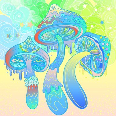 Sihirli mantarlar. Psikedelik halüsinasyon. Canlı vektör çizimi. 60 'ların renkli hippi sanatı.