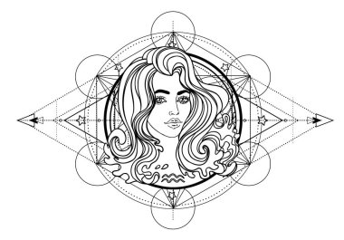 Illustration of Aquarius astrology sign as a beautiful girl over sacred geometry frame. Zodiac vector drawing isolated in black and white. Future telling, horoscope, spirituality. Coloring book.