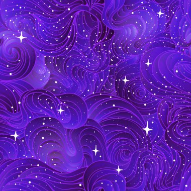 Doğal dokular. Dekoratif el çizimi süslemeli, kıvrımlı, dikişsiz desen. Sonsuz arka plan. Fırtınalı deniz çizimleri. Okyanus, bulut ya da saç.