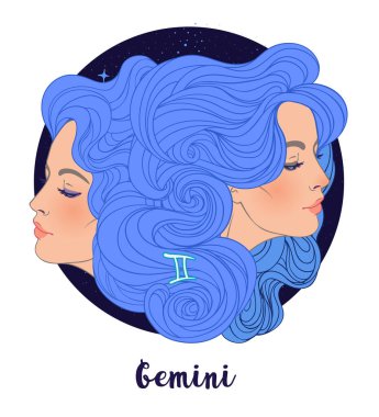 İkizler burcunun iki güzel kız olarak resmedilmiş hali. Zodiac vektör çizimi beyaza izole edildi. Gelecek anlatımı, yıldız falı, simya, maneviyat, okültizm, moda kadını..