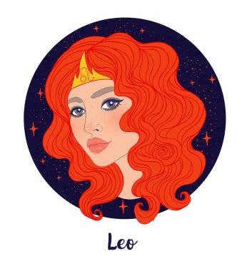 Leo astrolojik işaretinin güzel bir kız olarak resmedilmiş hali. Zodiac vektör çizimi beyaza izole edildi. Gelecek anlatımı, yıldız falı, simya, maneviyat, okültizm, moda kadını..