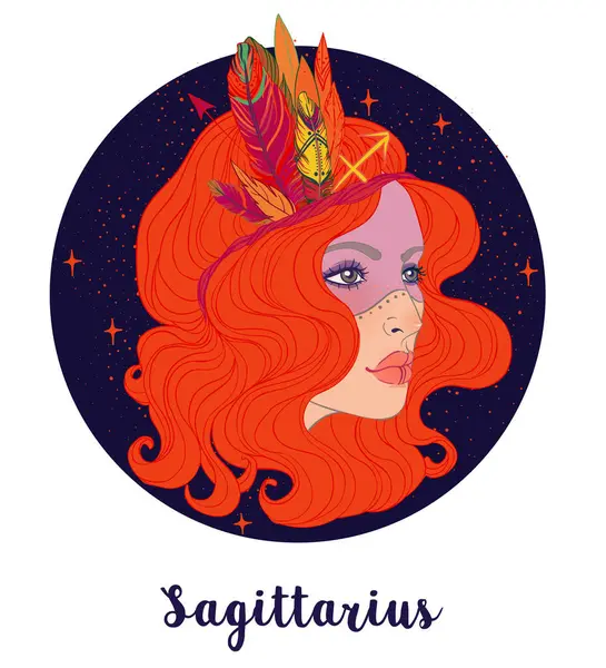 Yay burcunun güzel bir kız olarak resmedilmiş hali. Zodiac vektör çizimi beyaza izole edildi. Gelecek anlatımı, yıldız falı, simya, maneviyat, okültizm, moda kadını..