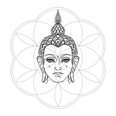 Yaşam Tohumu kutsal geometri sembolü üzerine Lord Buddha dövmesi tasarımı. Antik geometrik ruhani sembol. Üst üste binen daireler, çiçek deseni, Hayat Çiçeği. Siyah ve beyaz vektör çizimi.