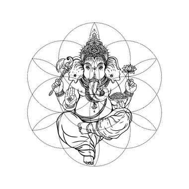 Yaşam Tohumu 'nun kutsal geometri sembolü üzerinde Tanrı Ganesha dövmesi tasarımı. Antik geometrik ruhani sembol. Üst üste binen daireler, çiçek deseni, Hayat Çiçeği. Siyah ve beyaz vektör çizimi.
