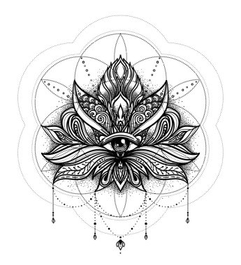 Yaşam Tohumu 'nun kutsal geometri sembolü üzerine nilüfer çiçeği dövmesi tasarımı. Antik geometrik ruhani sembol. Üst üste binen daireler, çiçek deseni, Hayat Çiçeği. Siyah ve beyaz vektör çizimi.