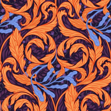 Çiçeksel, eski duvar kağıtları için dikişsiz desen. Büyülü Vintage Çiçekleri. Sanat ve el sanatları hareketi ilham verici. Ambalaj kağıdı, duvar kağıdı, kumaş ve moda kıyafetleri için tasarım.