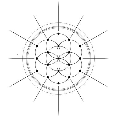 Yaşam Tohumu 'nun kutsal geometri sembolü üzerine nilüfer çiçeği dövmesi tasarımı. Antik geometrik ruhani sembol. Üst üste binen daireler, çiçek deseni, Hayat Çiçeği. Siyah ve beyaz vektör çizimi.