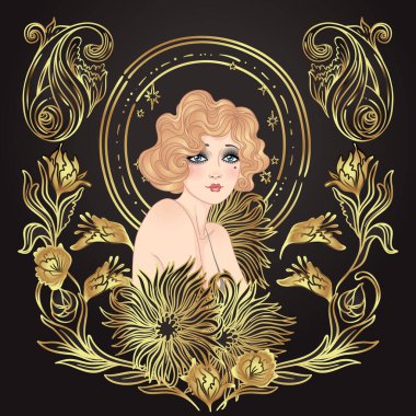 Art Deco klasik davetiye şablonu tasarımı ve flapper Girl tasarımı. desenler ve çerçeveler. Retro parti arka planı 1920 'lerin tarzında ayarlandı. Büyüleyici etkinlik için vektör, tematik düğün veya caz partisi.