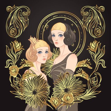 Art Deco klasik davetiye şablonu tasarımı ve flapper Girl tasarımı. desenler ve çerçeveler. Retro parti arka planı 1920 'lerin tarzında ayarlandı. Büyüleyici etkinlik için vektör, tematik düğün veya caz partisi.