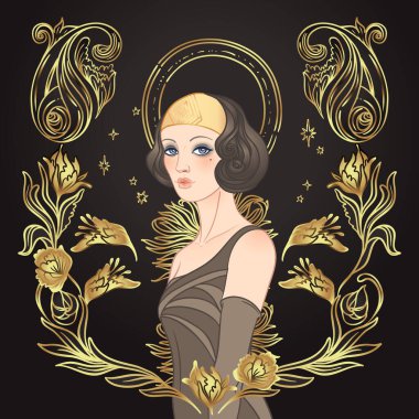 Art Deco klasik davetiye şablonu tasarımı ve flapper Girl tasarımı. desenler ve çerçeveler. Retro parti arka planı 1920 'lerin tarzında ayarlandı. Büyüleyici etkinlik için vektör, tematik düğün veya caz partisi.