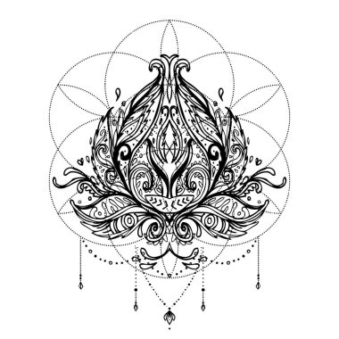 Yaşam Tohumu 'nun kutsal geometri sembolü üzerine nilüfer çiçeği dövmesi tasarımı. Antik geometrik ruhani sembol. Üst üste binen daireler, çiçek deseni, Hayat Çiçeği. Siyah ve beyaz vektör çizimi.