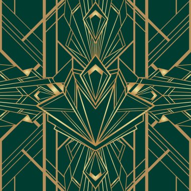 Sanat deco tarzında vektör modern geometrik fayans deseni. Soyut kükreyen yirmili yaşlar koyu yeşil yerine altın sarısı, kusursuz lüks arka plan soyut sanat deco dipsiz arka plan..
