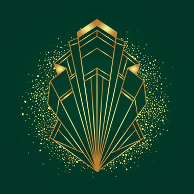 Art Deco klasik altın desenleri koyu yeşil, çerçeveler ve tasarım elementleri üzerine. Retro parti geometrik arka plan 1920 'lerin tarzında ayarlandı. Cazibe partisi için vektör illüstrasyonu, tematik düğün veya tekstil baskıları.