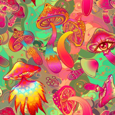 Sihirli mantarlar. Psikedelik halüsinasyon. Canlı vektör çizimi. 60 'ların renkli arka planı, hippi ve bohem dokusu. Değişken duvar kağıdı.