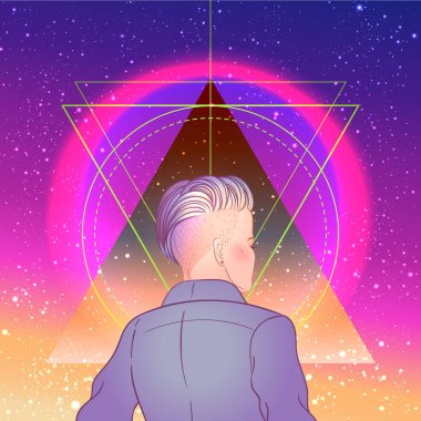 Geçmişe dönük kısa traşlı peri desenli, çift cinsiyetli genç bir kadının portresi. Neon renkli vektör illüstrasyonu. Mavi kısa saç. Gelecekçi sentetik dalga el ilanı şablonu